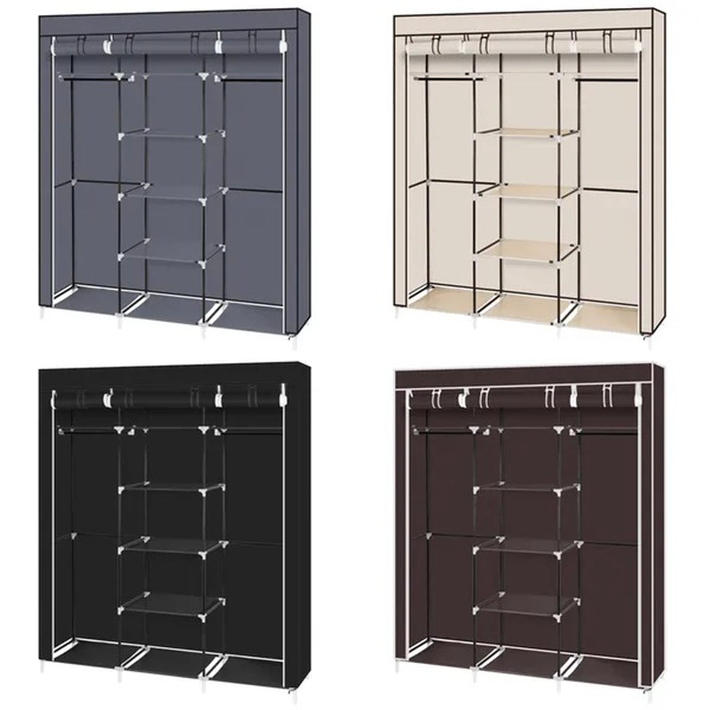 Portable Double-Rod Closet Wardrobe Organizer – Black Non-Woven Fabric