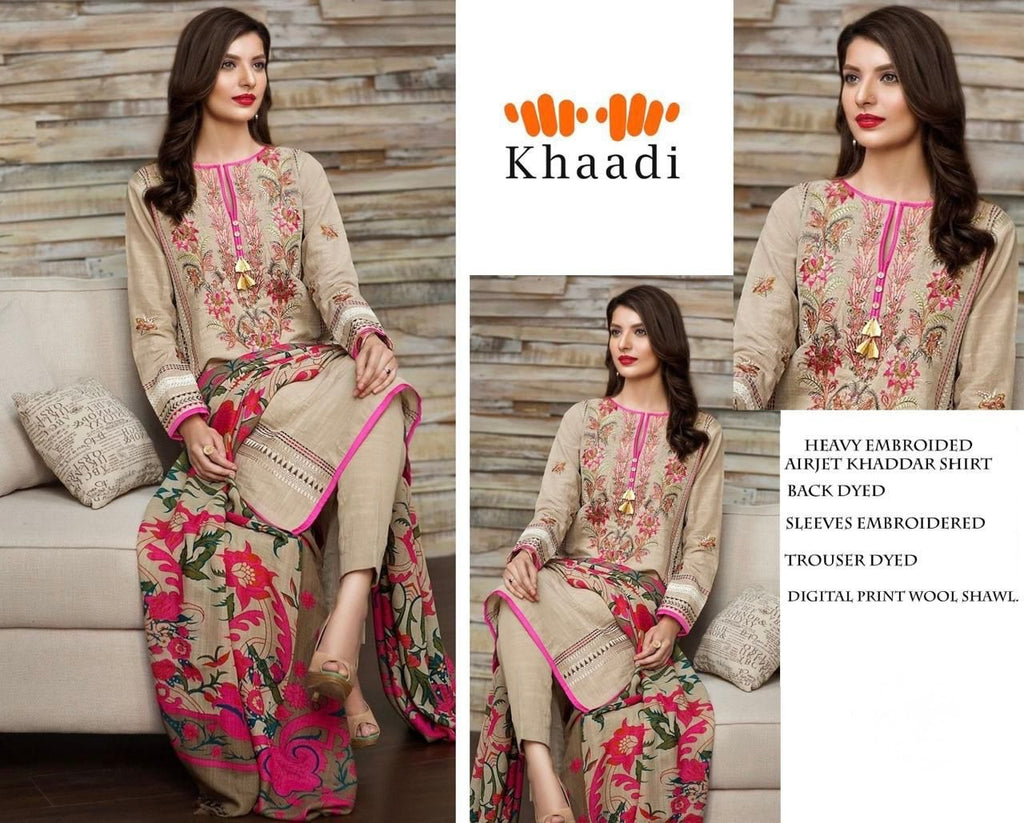 Khaadi Khaddar Embroidered Suit with Wool Shawl – Winter Collection (unstitched)
