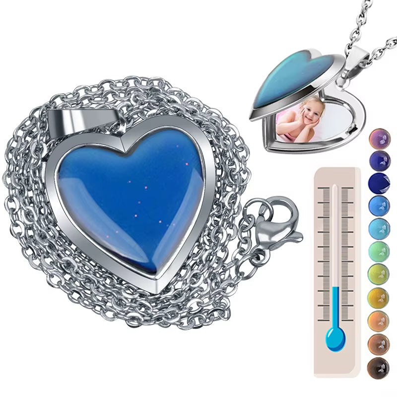 Color-Changing Heart Locket Necklace – Temperature Control Photo Pendant