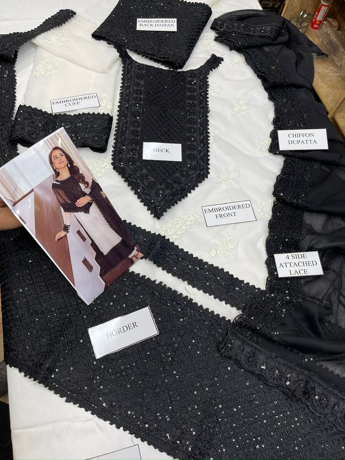 Asim Jofa Unstitched Replica Chiffon Suit with Malai Trouser (unstitched) Black