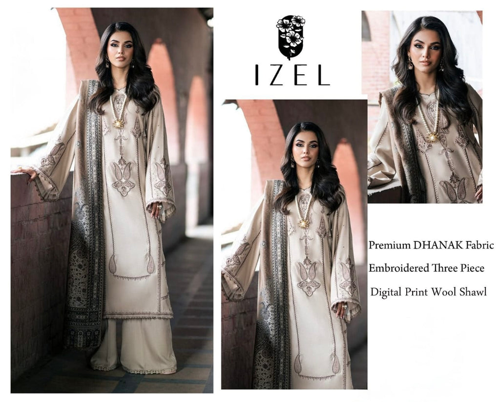 Izel Premium Dhanak Embroidered Suit with Digital Wool Shawl (unstitched)