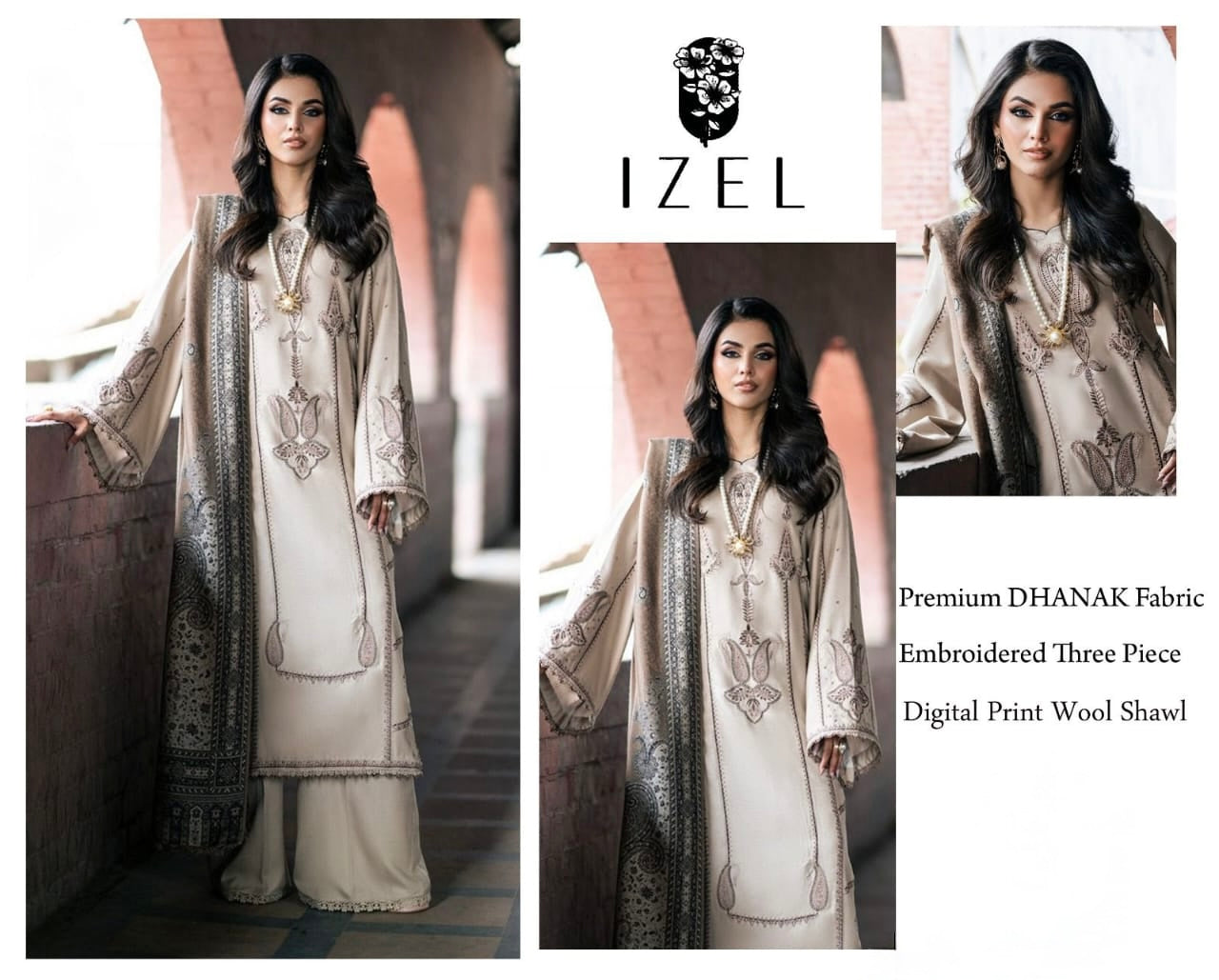 Izel Premium Dhanak Embroidered Suit with Digital Wool Shawl (unstitched)