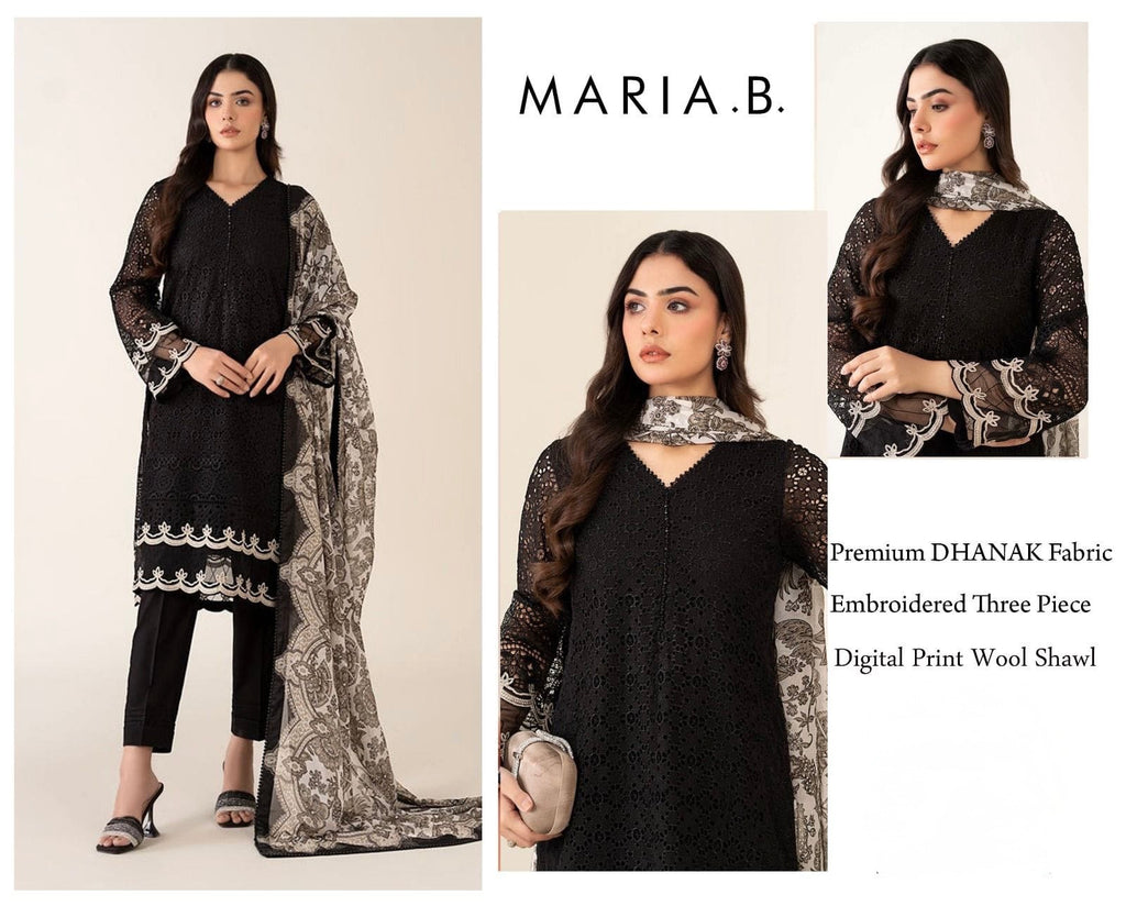 Maria B Embroidered Khaddar Suit with Wool Shawl Black – Premium Winter (unstitched)