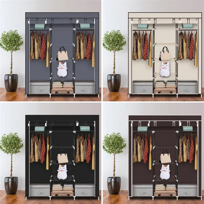 Portable Double-Rod Closet Wardrobe Organizer – Black Non-Woven Fabric