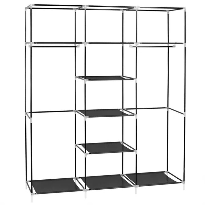 Portable Double-Rod Closet Wardrobe Organizer – Black Non-Woven Fabric