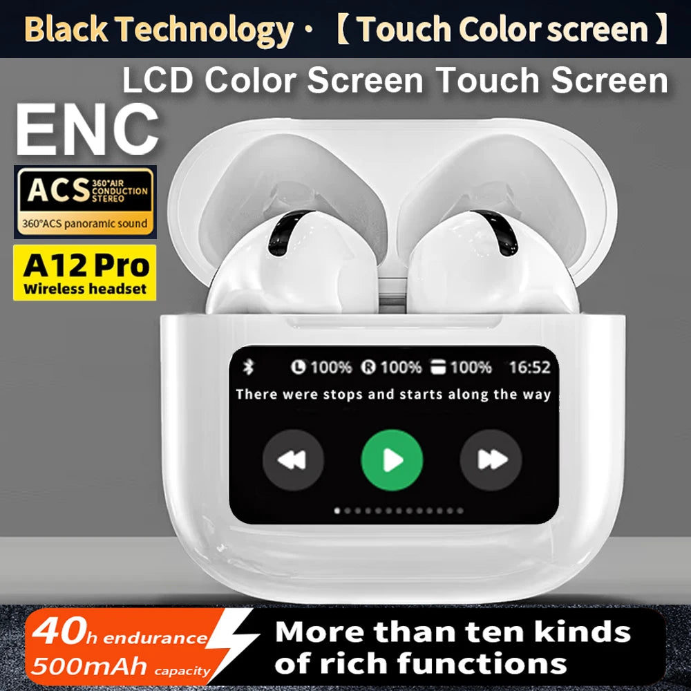A12 Pro TWS Wireless Earbuds – ENC Noise Cancellation, Touch LCD, Super Bass, Equalizer & Long Battery Life