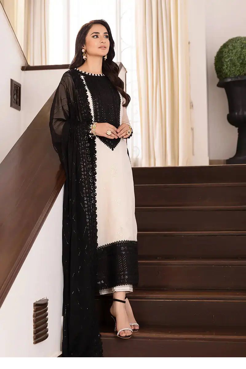 Asim Jofa Unstitched Replica Chiffon Suit with Malai Trouser (unstitched) Black