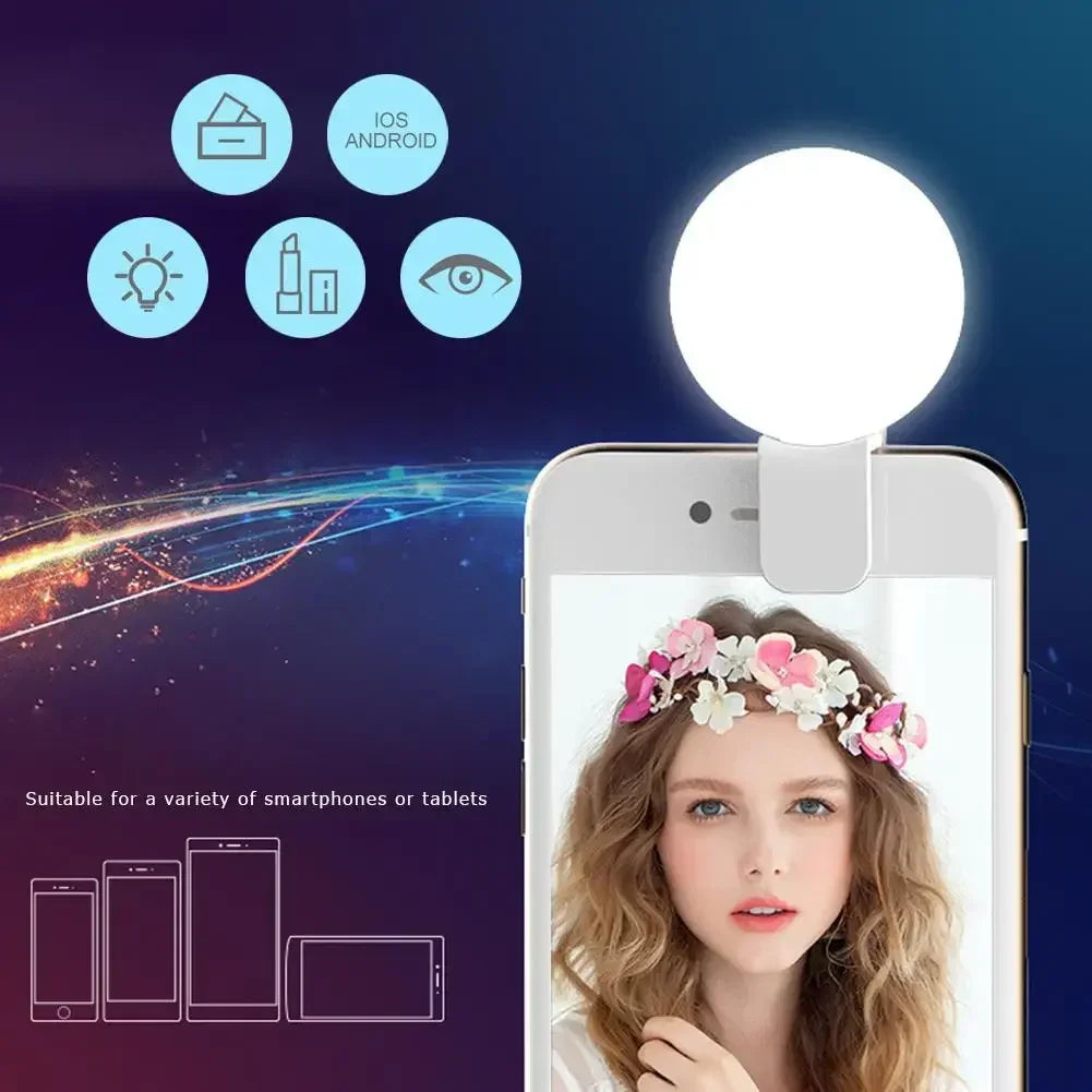 Mobile Phone LED Selfie Ring Light – Portable Mini Clip-On with 3-Level Dimming, USB Rechargeable, Durable Fill Light for Phone & Tablet