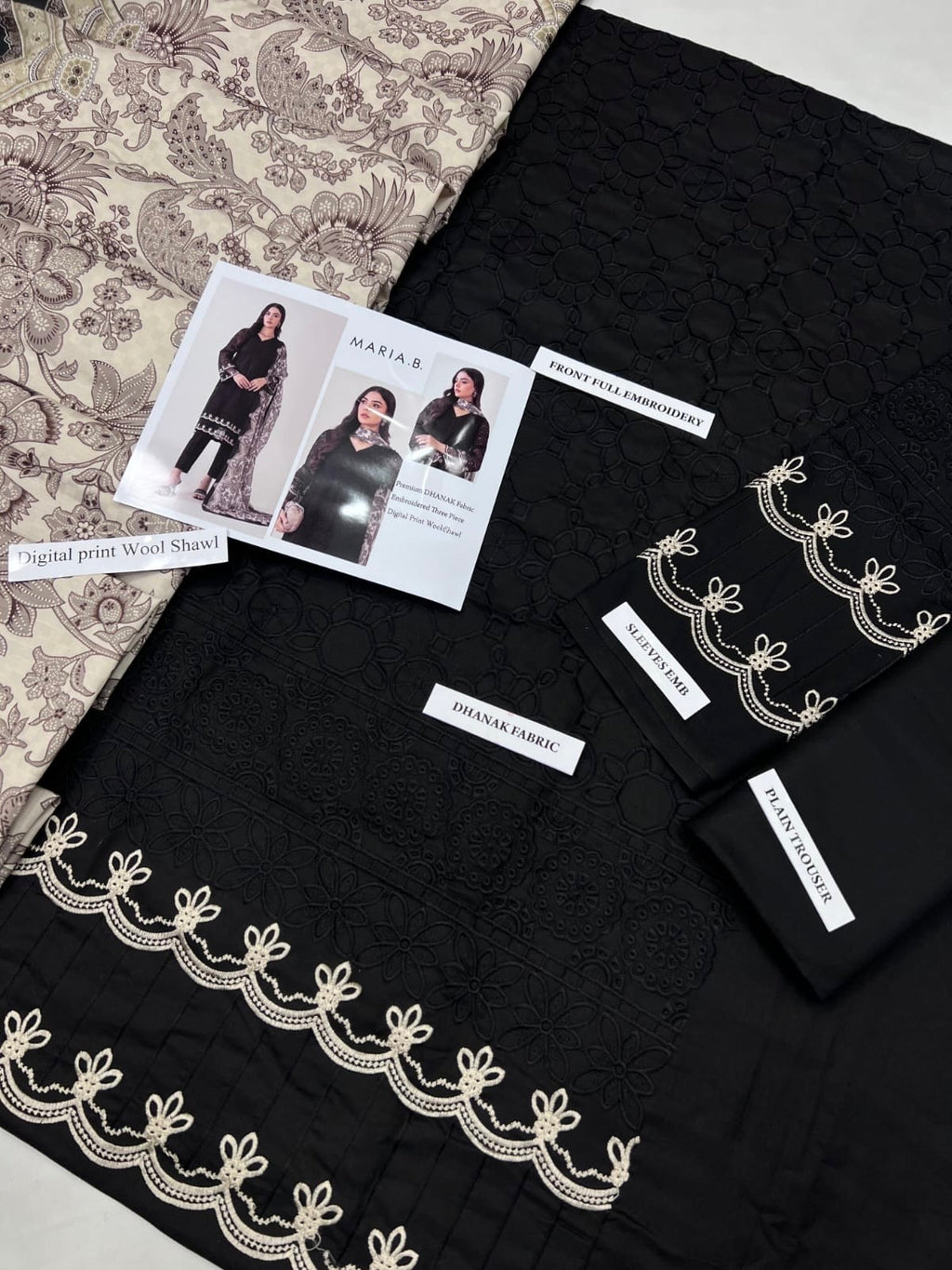 Maria B Embroidered Khaddar Suit with Wool Shawl Black – Premium Winter (unstitched)