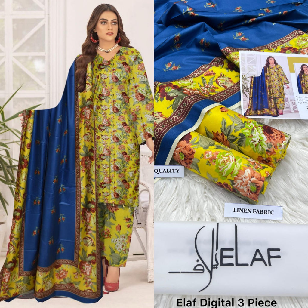 Elaf Linen Digital Print Volume – 3-Piece Printed Linen Suit (unstitched)