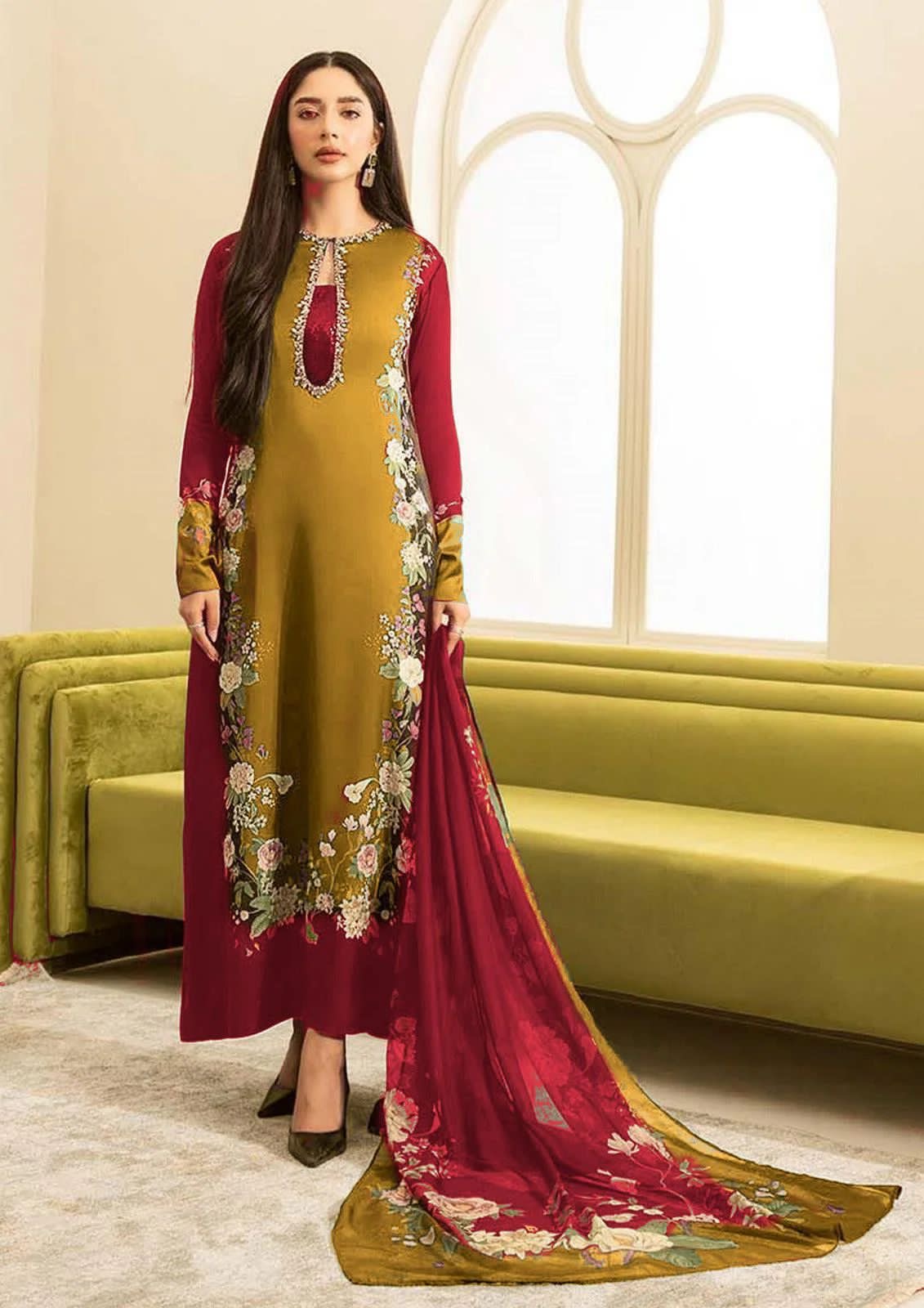 Floral Digital Printed 3PC Silk Suit (unstitched)