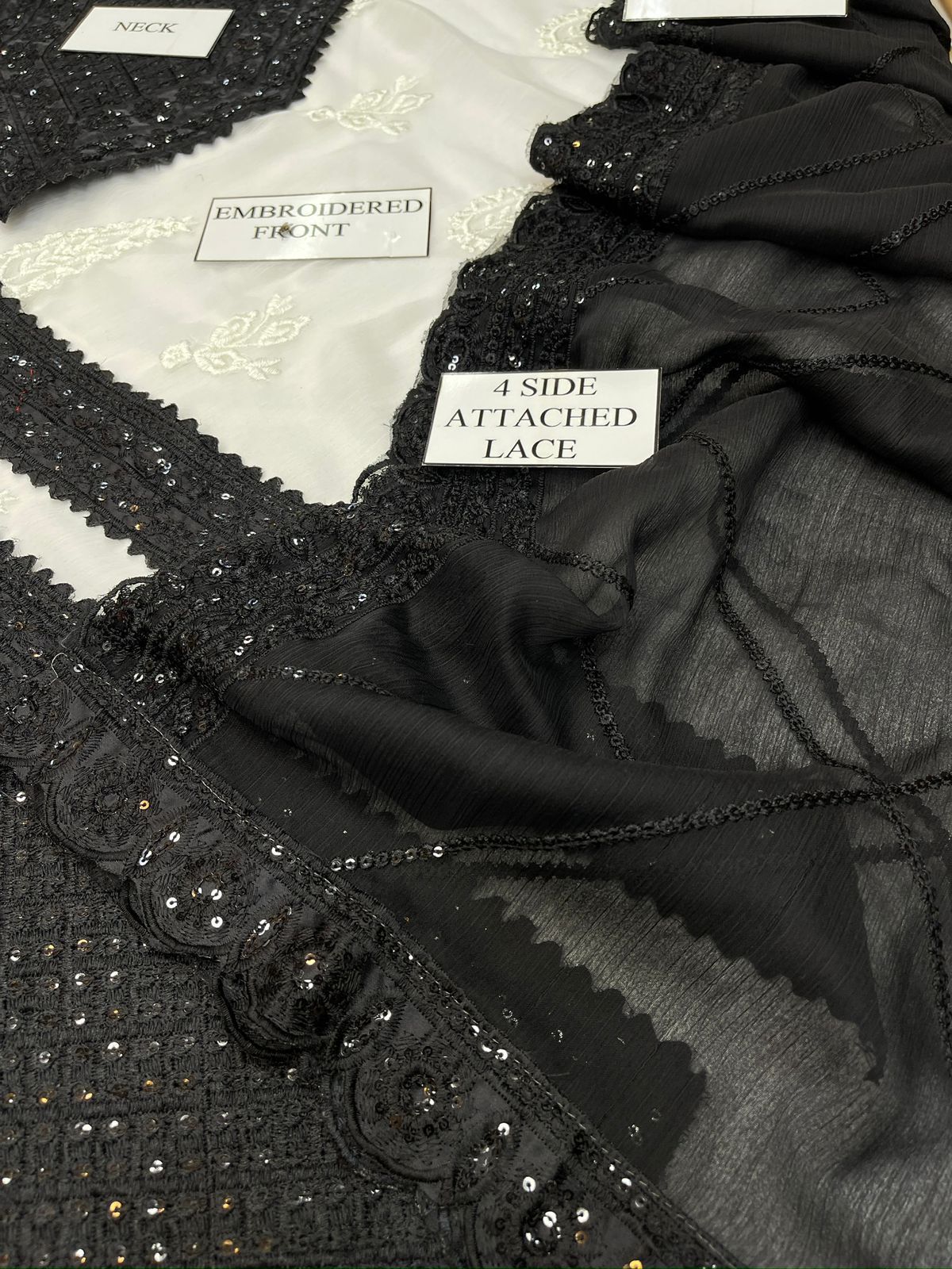 Asim Jofa Unstitched Replica Chiffon Suit with Malai Trouser (unstitched) Black