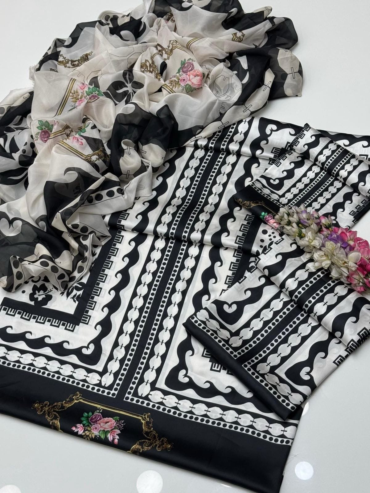 Floral Digital Printed 3PC Silk Suit (unstitched)