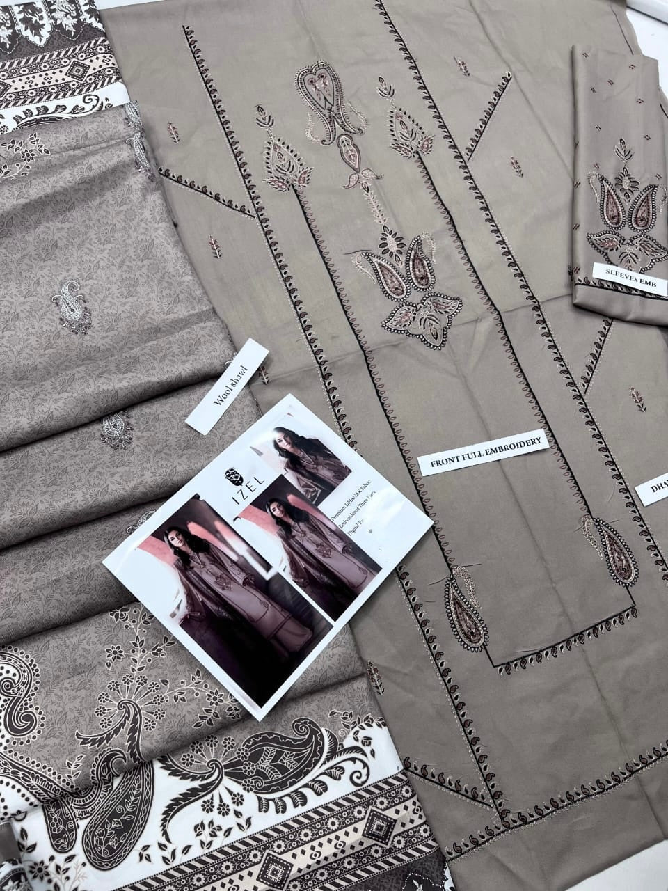 Izel Premium Dhanak Embroidered Suit with Digital Wool Shawl (unstitched)