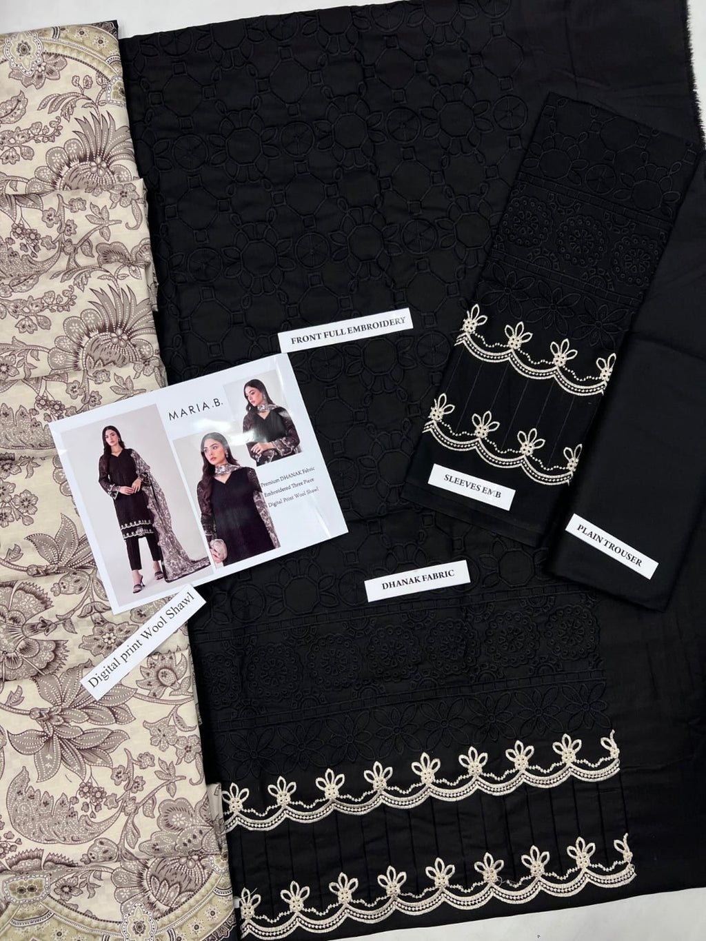 Maria B Embroidered Khaddar Suit with Wool Shawl Black – Premium Winter (unstitched)