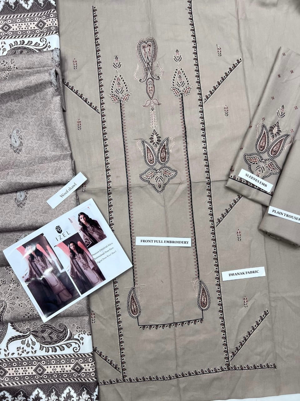 Izel Premium Dhanak Embroidered Suit with Digital Wool Shawl (unstitched)