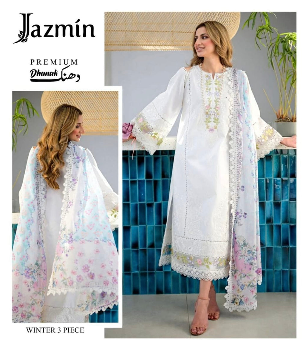 Jazmin Luxury Winter Collection – 3Pc Dhanak Suit with Embroidered Details & Pashmina Wool Shawl (Code 7507)