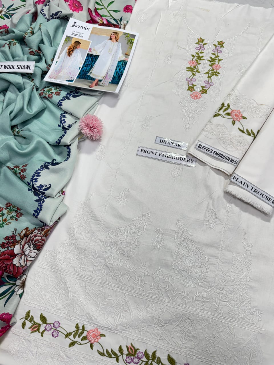 Jazmin Luxury Winter Collection – 3Pc Dhanak Suit with Embroidered Details & Pashmina Wool Shawl (Code 7507)