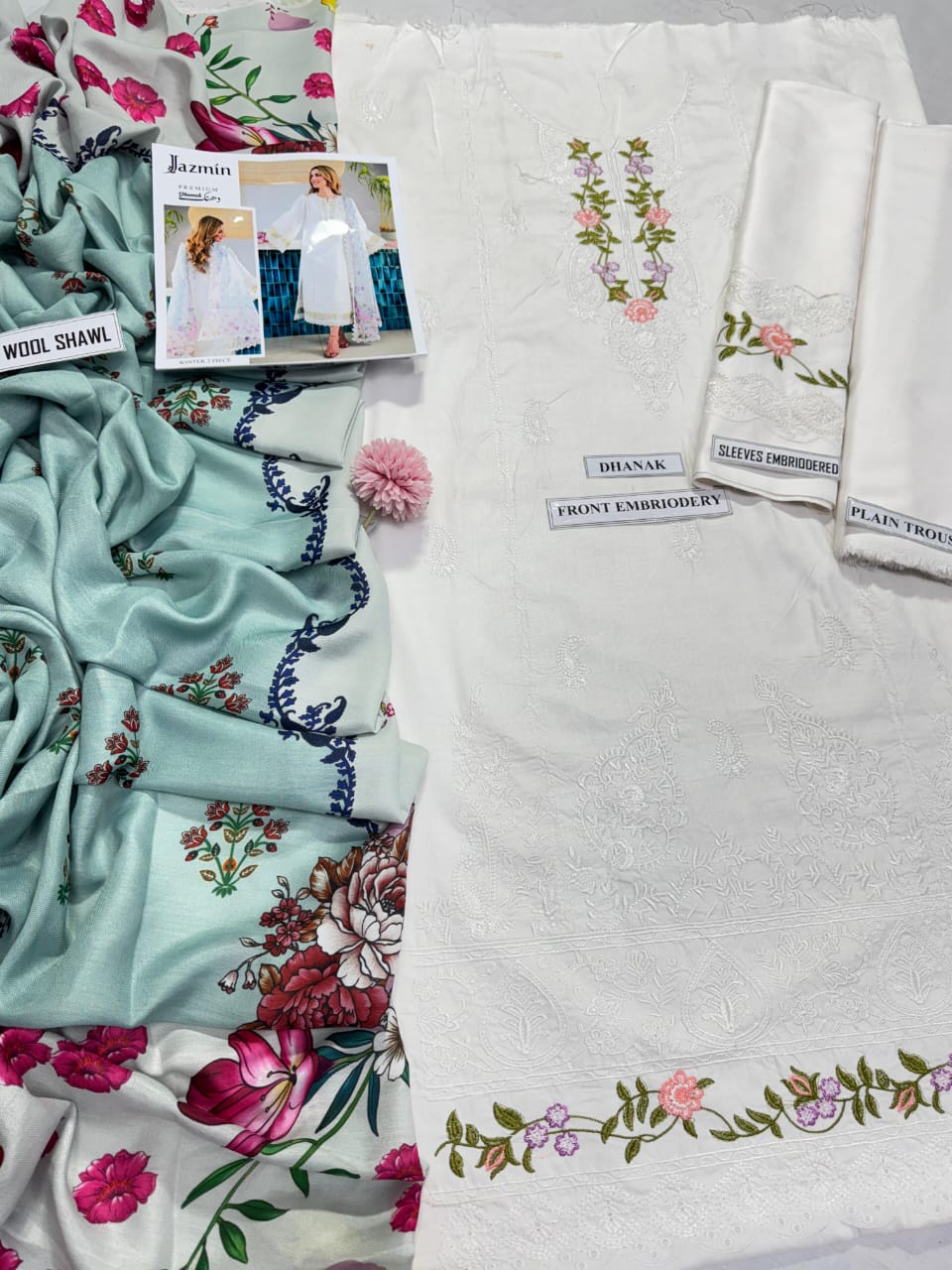 Jazmin Luxury Winter Collection – 3Pc Dhanak Suit with Embroidered Details & Pashmina Wool Shawl (Code 7507)