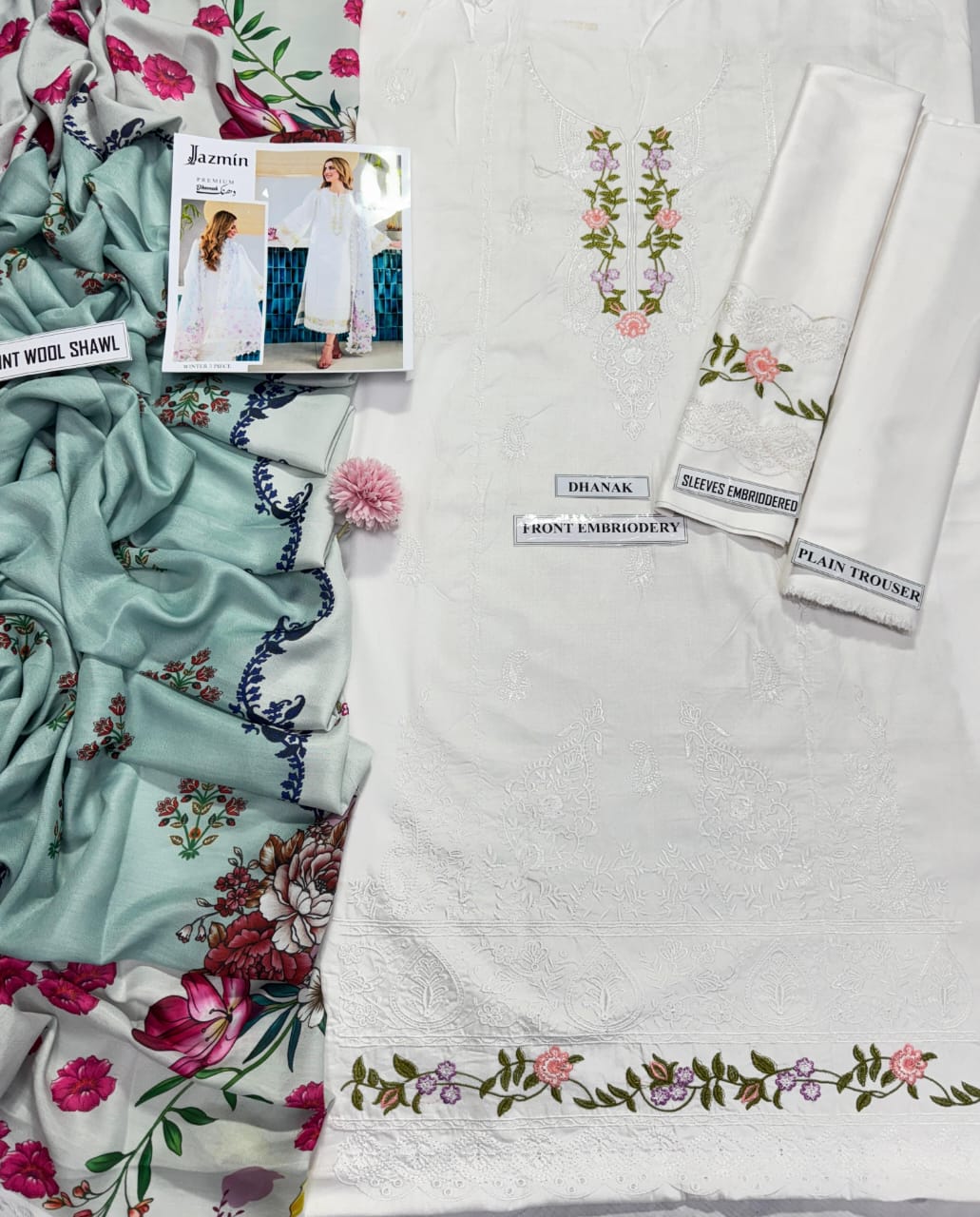 Jazmin Luxury Winter Collection – 3Pc Dhanak Suit with Embroidered Details & Pashmina Wool Shawl (Code 7507)