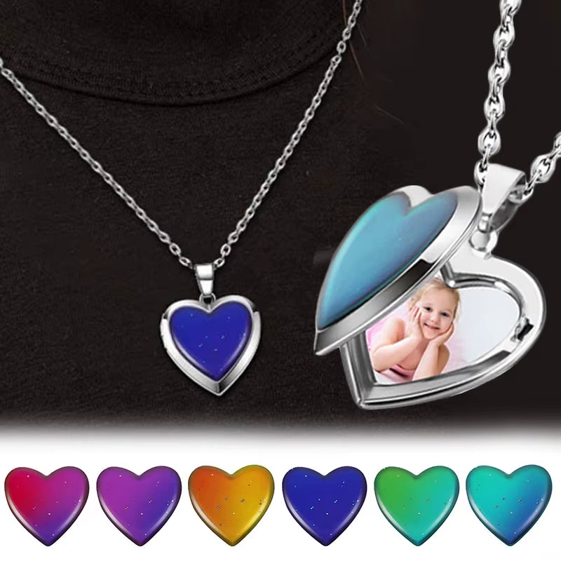 Color-Changing Heart Locket Necklace – Temperature Control Photo Pendant