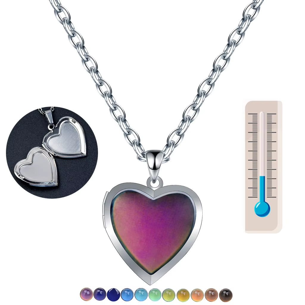 Color-Changing Heart Locket Necklace – Temperature Control Photo Pendant