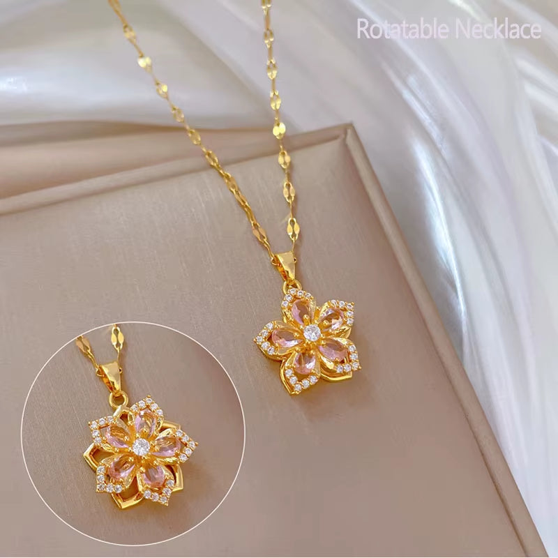 Rotatable Pink Flower Necklace
