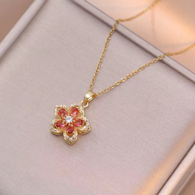 Rotatable Pink Flower Necklace