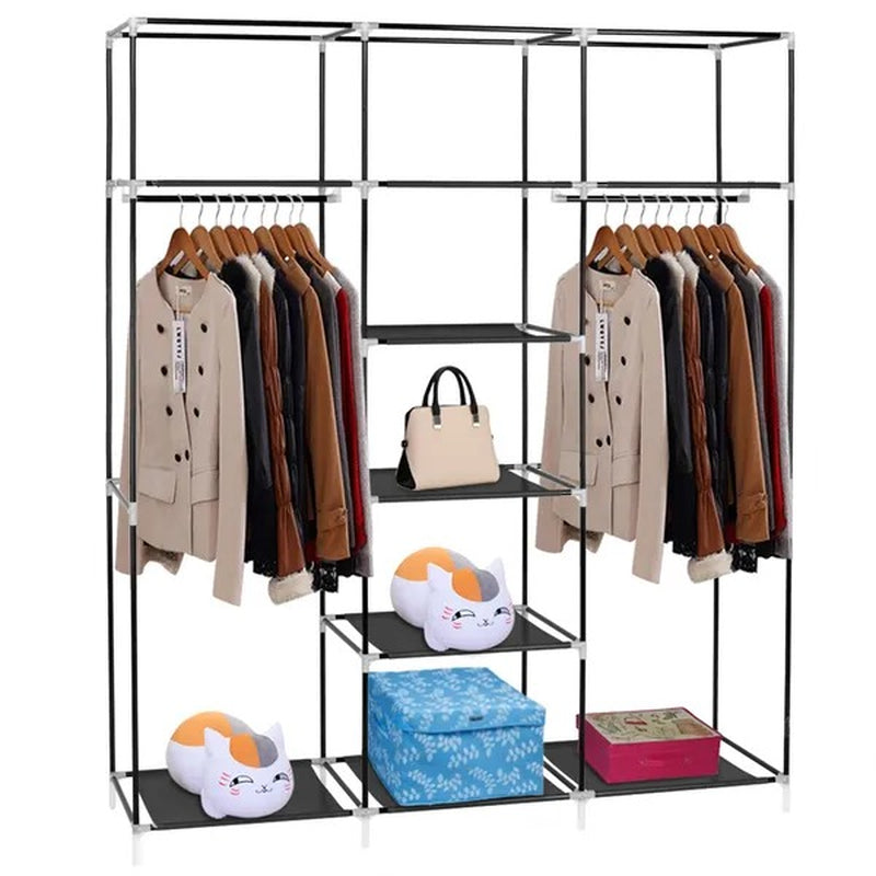 Portable Double-Rod Closet Wardrobe Organizer – Black Non-Woven Fabric
